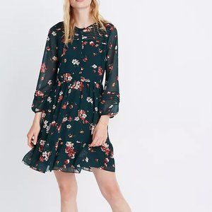 Sheer-Sleeve Pintuck Ruffle Dress in Spruce Blooms